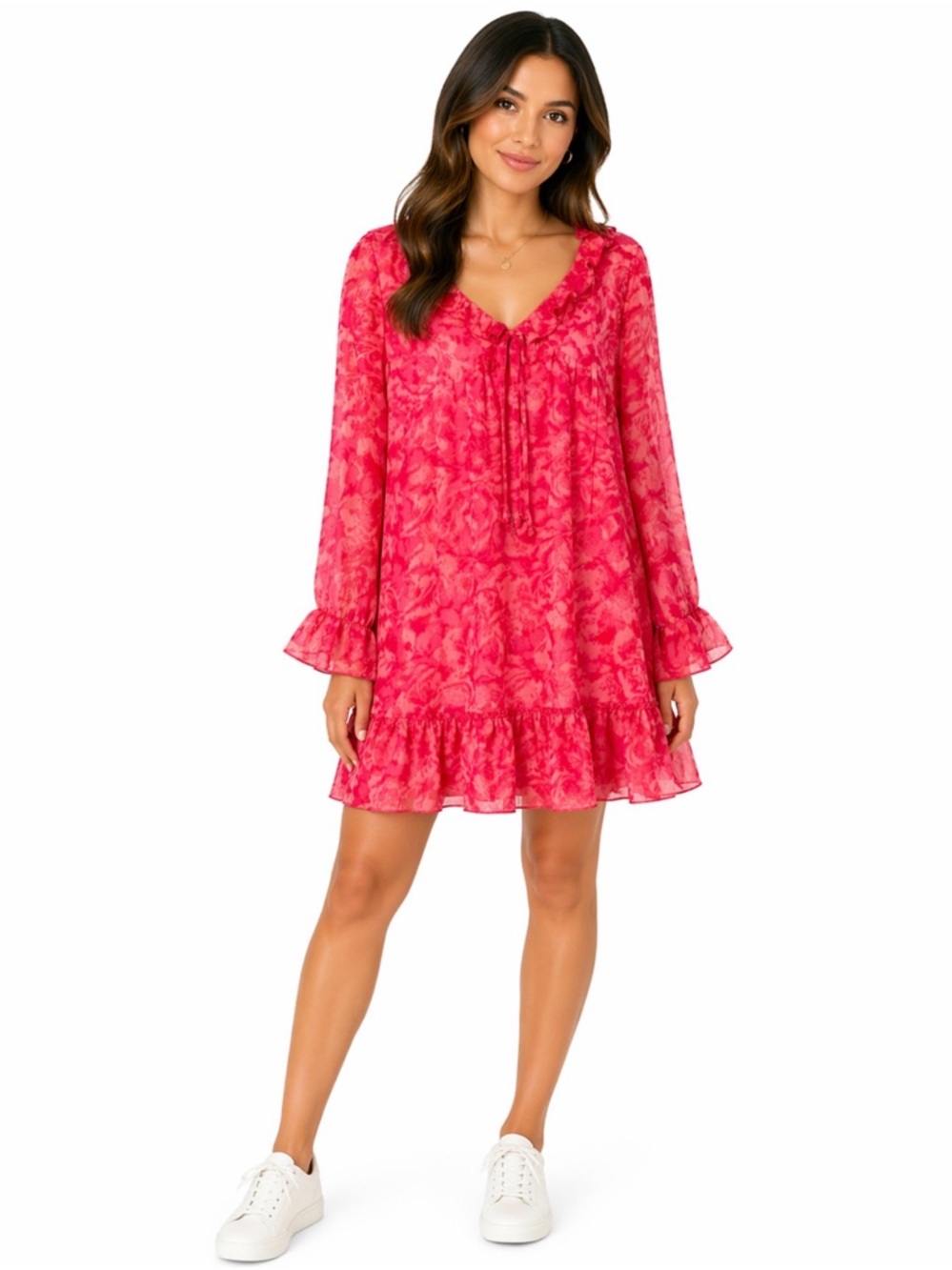 Boohoo Pink Floral Ruffle Chiffon Mini Dress | Long Sleeve | Size 16